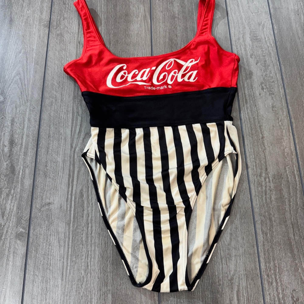 Vintage 1996 Coca-Cola Red and Black Striped One-Piece Swimsuit